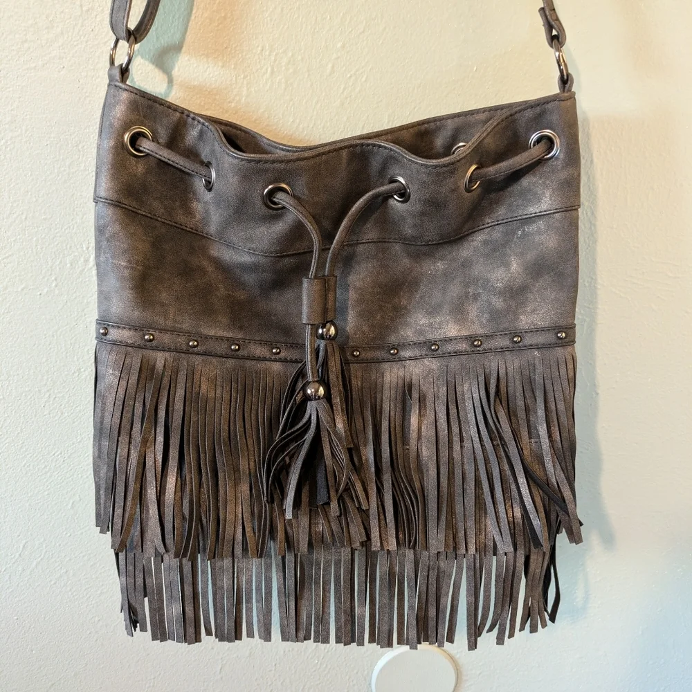 Fringe Faux Leather Hobo Bucket Bag